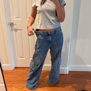 Mango Wide-Leg Cargo Jeans in Medium Blue